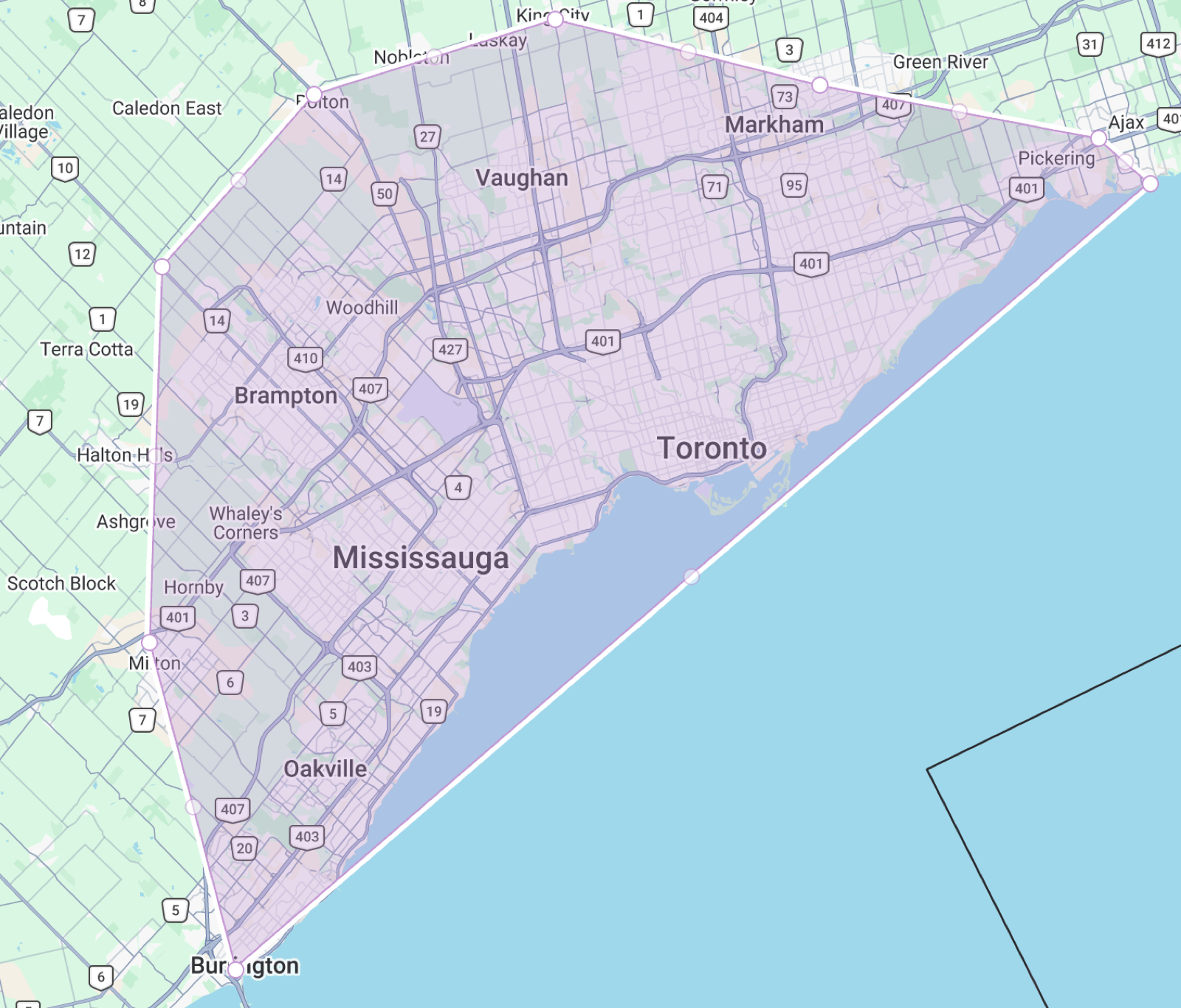 GTA dumpster rental service area map for Toronto Mississauga Brampton Vaughan Markham Richmond Hill Oakville Pickering Caledon Bolton Aurora Newmarket